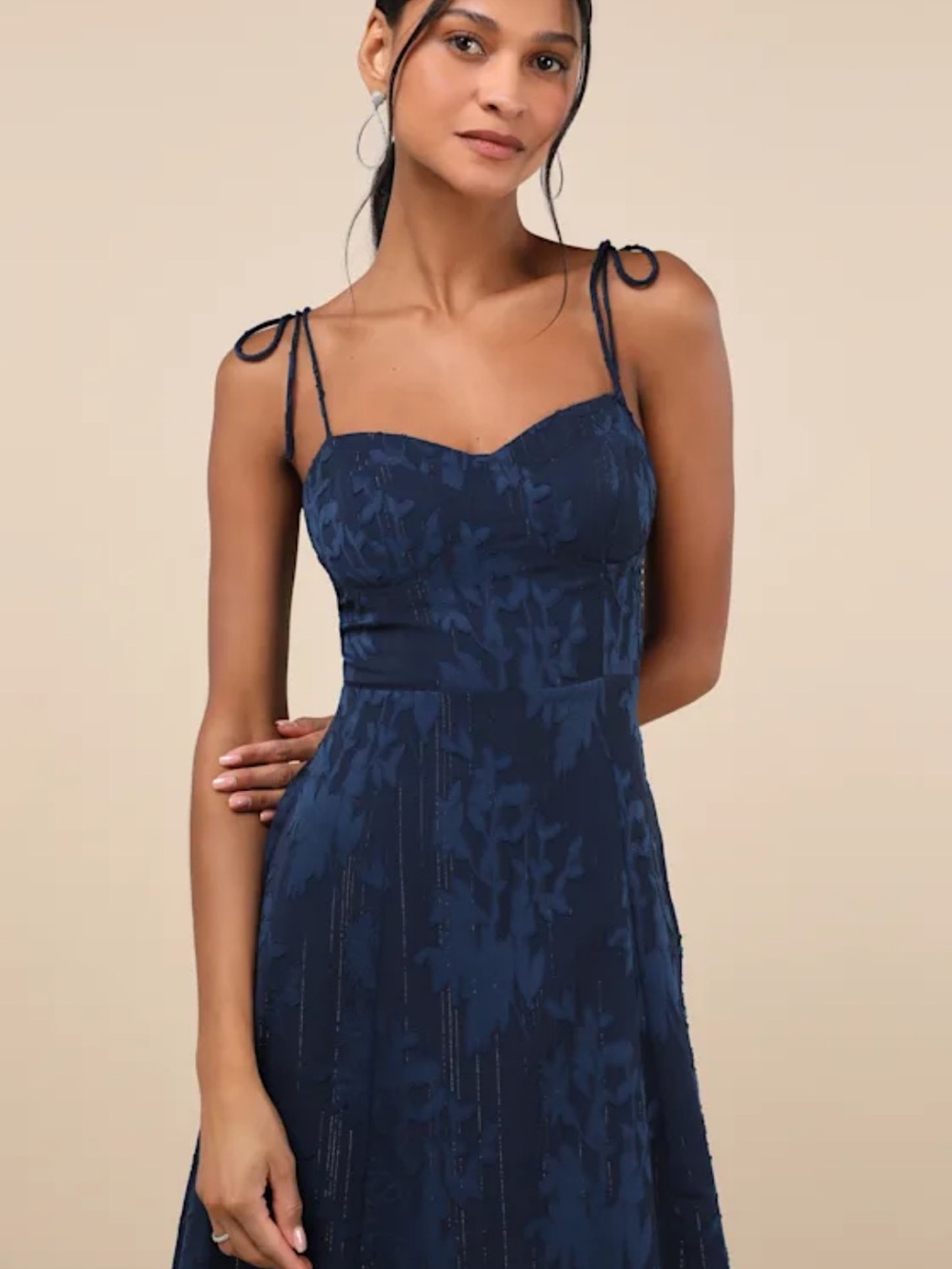 Lulus Loveliest Looks Navy Blue Floral Jacquard Tie-Strap Midi Dress - Picture 3 of 9